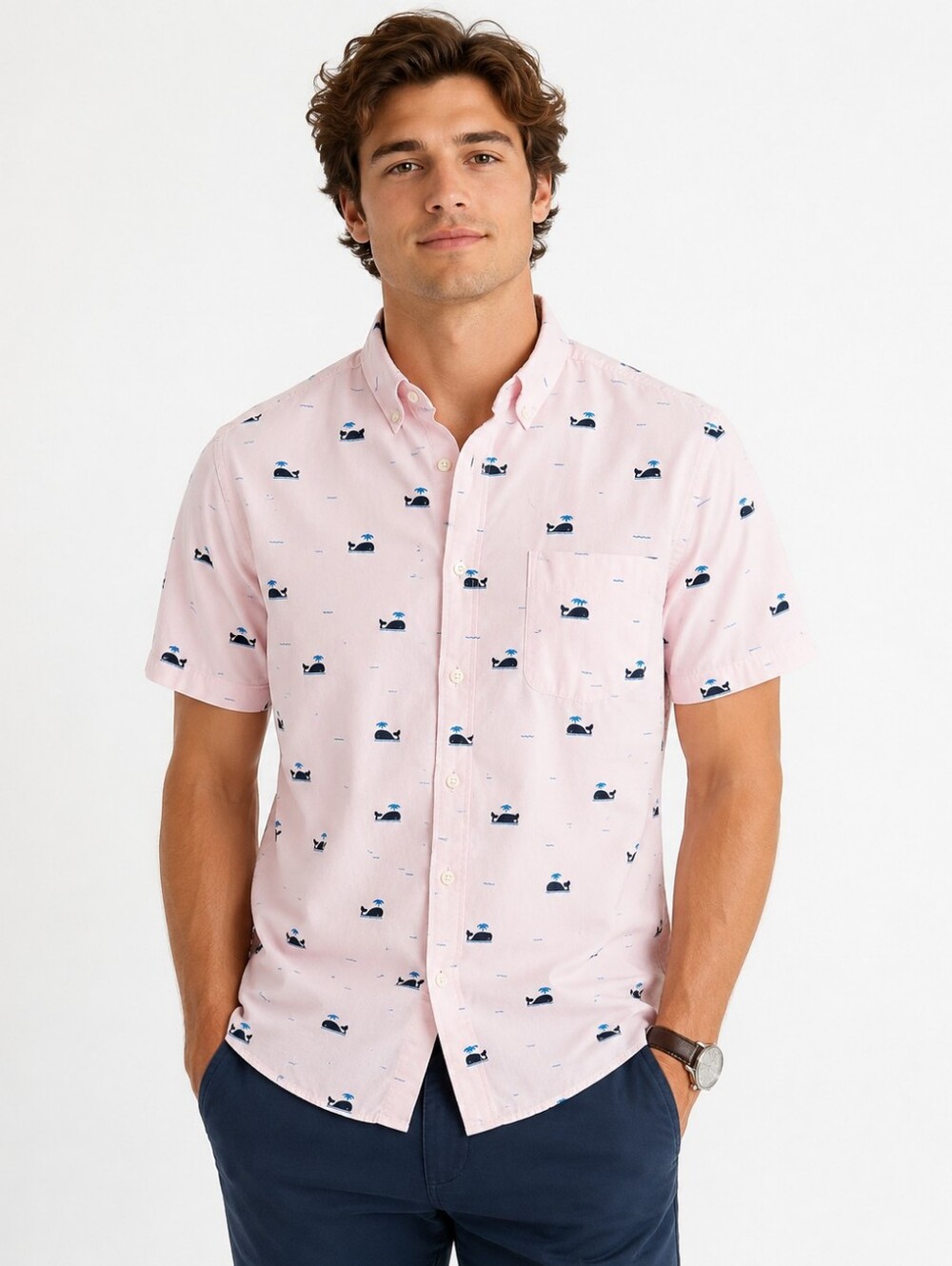 Artistry in Motion Whale Print Button-Up Shirt Men's Large Slim Tall Pink Cotton